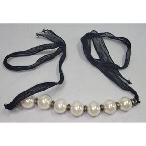 Faux White Pearls Women Black Adjustable Fabric Ribbon Tie Choker Necklace